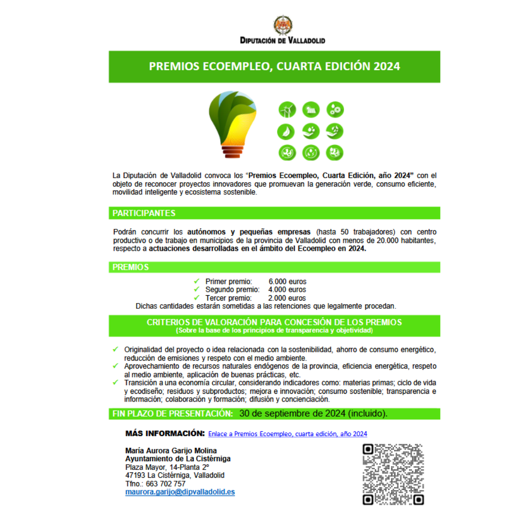 RECUERDA ACTIVA HASTA EL 30 SEPTIEMBRE CONVOCATORIA PREMIOS ECOEMPLEO DIPUTACIÓN DE VALLADOLID AÑO 2024
